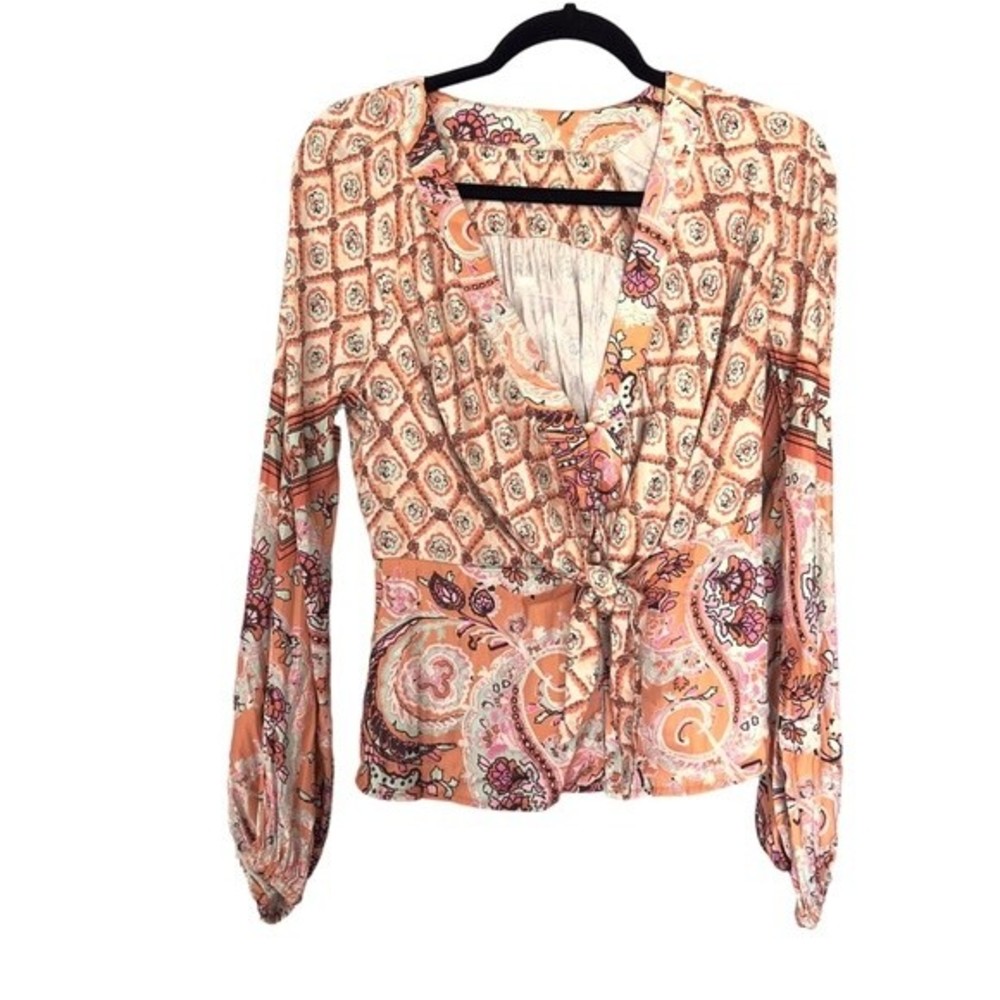 Free People Silky Orange Paisley Tie Front Blouse Size Small NWOT